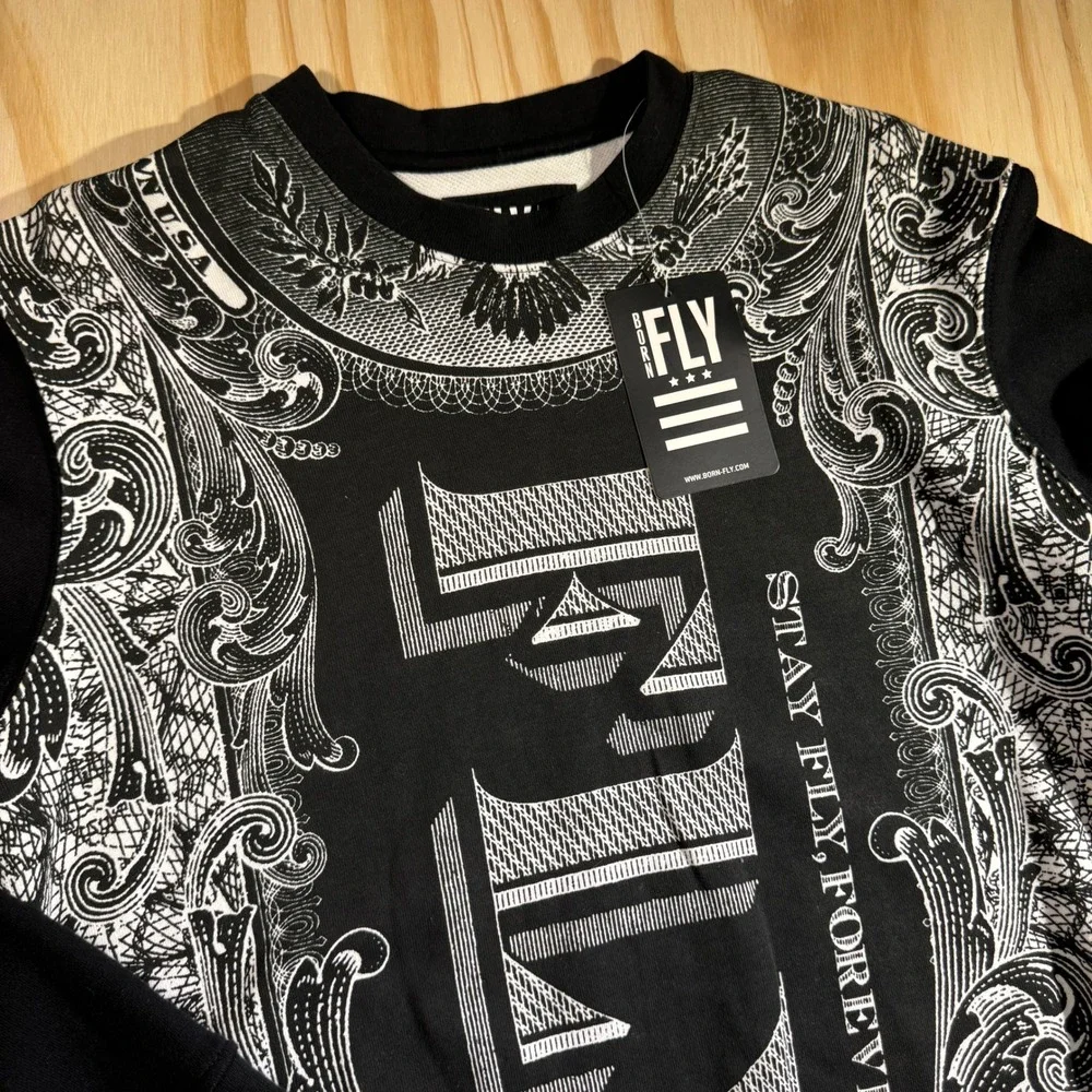 Born Fly Men's Graphic Crewneck Sweatshirt Stay Fly Black White Pullover Size S
